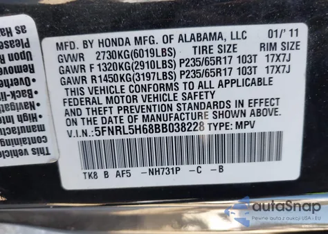 2011 Honda Odyssey Ex-L z USA, uszkodzony, nr VIN 5FNRL5H68BB038228